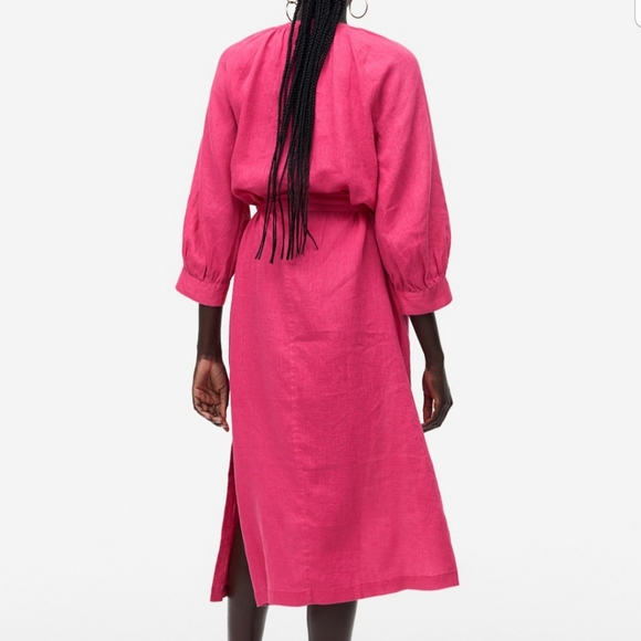 H&M Linen Tie Belt Midi Pink Long Puff Sleeve V Neck Dress Size Extra La… - Picture 2 of 12